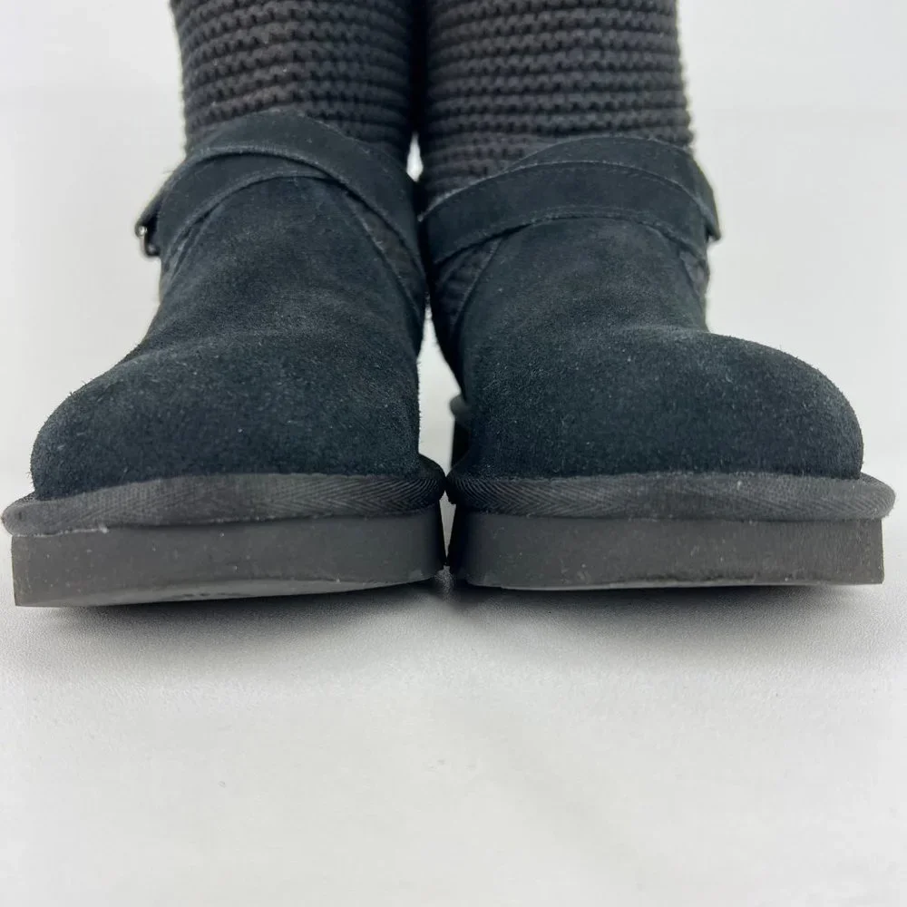 UGG Womens Purl Strap Boot 1098080 Black Suede Knit Cuff Wool Lined size 6